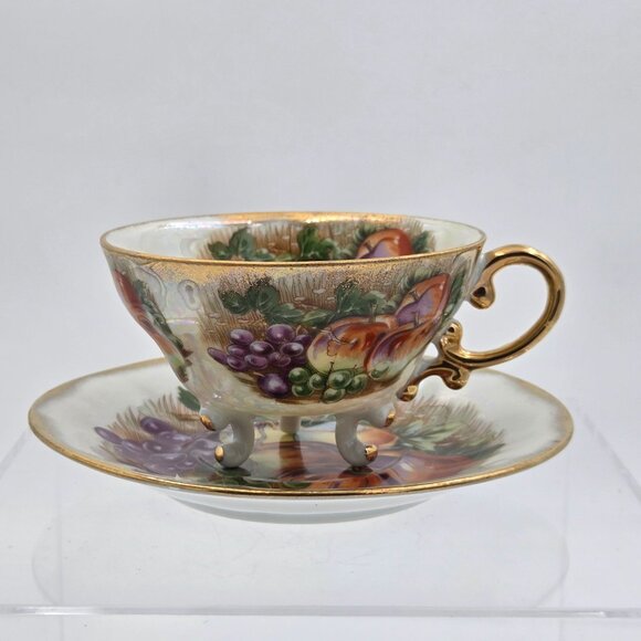 Royal Sealy Japan Lusterware Teacup Saucer Grapes Apples Gold Trim - Picture 2 of 10
